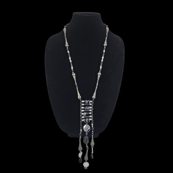 Treska Black Silver Beads Drop Necklace Native American Inspired Statement Boho - Picture 2 of 16